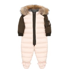 Пуховый комбинезон с меховой отделкой на капюшоне и пинетками Moncler Enfant