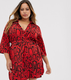 Красное платье-рубашка с V-образным вырезом и змеиным принтом AX Paris Plus-Мульти