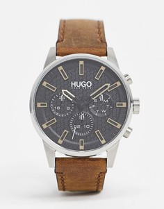 Часы с коричневым кожаным ремешком HUGO 1530150-Коричневый