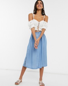 Голубая юбка миди из ткани шамбре с пуговицами Vero Moda-Синий