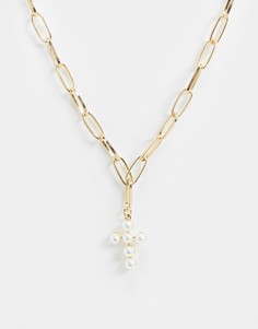 Ожерелье из массивной цепочки с крестом и искусственным жемчугом Glamorous-Золотой