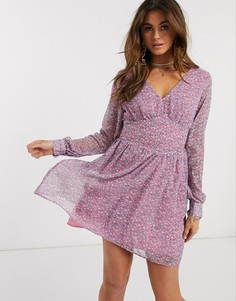 Короткое приталенное чайное платье лавандового цвета с цветочным принтом Ivyrevel-Многоцветный