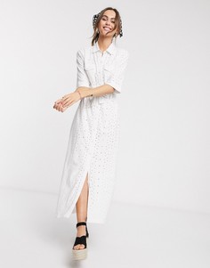 Белое платье-рубашка макси с вышивкой ришелье ASOS DESIGN-Белый