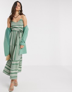 Зеленое ярусное платье макси с кремовым принтом Vero Moda-Neutral