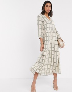 Кремовое свободное платье миди в клетку с цветочным принтом Y.A.S-Мульти