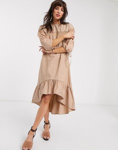 Свободное платье миди с вышивкой ришелье и кружевной отделкой Lost Ink-Коричневый цвет
