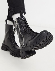 Черные ботинки из искусственной кожи на массивной подошве со шнуровкой и молнией Koi Footwear-Черный