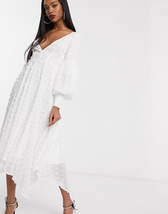 Платье миди в фактурный горошек с объемными рукавами ASOS EDITION-Белый