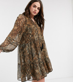 Коричневое платье миди с леопардовым принтом и складками River Island Plus-Коричневый цвет