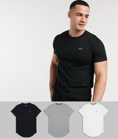 Набор из 3 футболок белого, серого и черного цвета зауженного кроя с закругленной кромкой и логотипом Hollister-Многоцветный