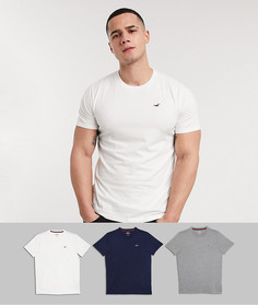 3 футболки белого/серого/темно-синего цвета с круглым вырезом и логотипом Hollister-Мульти