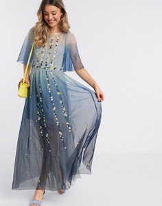 Платье макси цвета индиго с эффектом омбре и вышивкой French Connection-Голубой