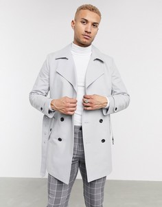 Серый двубортный тренч с поясом ASOS DESIGN