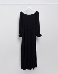 Черное платье макси с открытыми плечами и присборенной отделкой River Island-Черный цвет