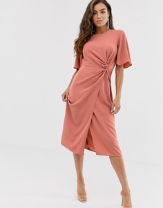 Платье миди терракотового цвета с узлом и рукавами клеш ASOS DESIGN-Розовый цвет