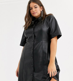 Черное платье-рубашка мини из искусственной кожи с пуговицами ASOS DESIGN Curve-Черный цвет