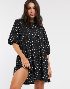 Черное свободное платье в горошек Bershka-Черный