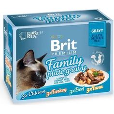 Паучи Brit Premium Family Plate Gravy Chicken,Turkey,Beef,Tuna кусочки в соусе курица, индейка, говядина, тунец для кошек 12х85г (519422) Brit*