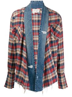 Greg Lauren клетчатая куртка-рубашка с джинсовыми вставками