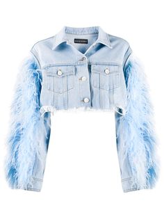 David Koma укороченная джинсовая куртка с перьями