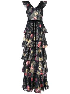 Marchesa Notte платье макси с цветочным принтом и оборками