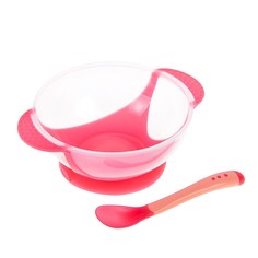 Набор для кормления, 3 предмета: миска 350 мл на присоске, крышка, ложка, цвет красный