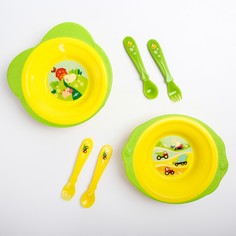 Набор детской посуды: тарелка на присоске 250мл, вилка, ложка, цвет желтый/зеленый микс Mum&Baby