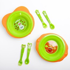Набор детской посуды: тарелка на присоске 250мл, вилка, ложка, цвет зеленый микс Mum&Baby