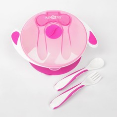Набор детской посуды basic, 4 предмета: миска на присоске 400 мл, крышка, ложка, вилка, от 5 мес., цвет розовый Mum&Baby