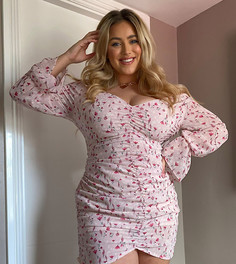 Розовое платье мини со сборками и цветочным принтом Lasula Plus-Розовый цвет