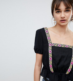 Блузка с пышными рукавами и цветочной отделкой Reclaimed Vintage Inspired-Черный