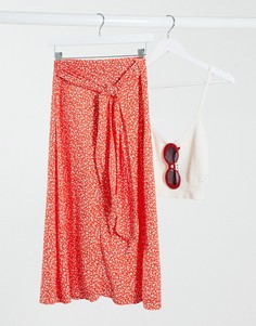 Красная юбка миди с цветочным принтом и поясом на завязке Monki-Красный