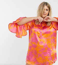 Платье-рубашка в полоску со сборками и цветочным принтом AX Paris Plus-Оранжевый
