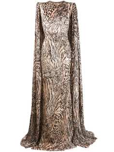 Alex Perry длинное платье с кейпом и леопардовым принтом