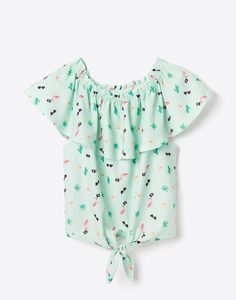 Мятная блузка с тропическим принтом для девочки Gloria Jeans