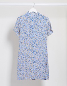 Синее короткое приталенное платье-рубашка Pieces-Многоцветный