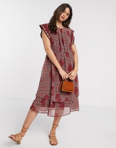 Шифоновое платье миди с принтом, бисером и ярусной юбкой Y.A.S-Многоцветный