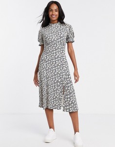 Черное платье миди с пышными рукавами и цветочным принтом Miss Selfridge-Черный цвет