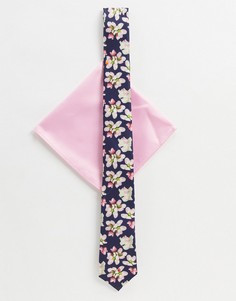 Галстук с цветочным принтом и платок для пиджака темно-синего/розового цвета ASOS DESIGN-Темно-синий