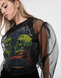 Черный топ из органзы с отделкой "Metallica" Bershka