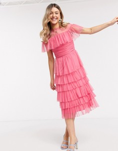 Розовое ярусное сетчатое платье миди с оборками Anaya With Love-Розовый цвет