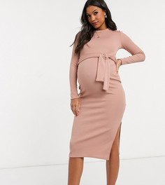 Розовое платье миди в рубчик с разрезом сбоку Missguided Maternity-Розовый цвет