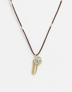 Uncommon Souls faux suede neck chain in brown with feather and coin pendants-Коричневый