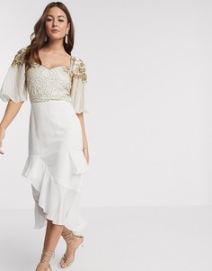 Декорированное платье миди с рукавами-оборками Virgos Lounge-Белый