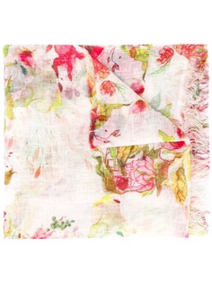 120% Lino шарф с цветочным принтом и бахромой