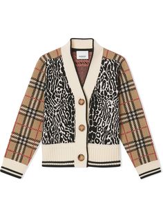 Burberry Kids клетчатый кардиган с леопардовыми вставками