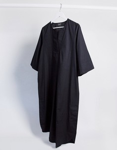 Черное поплиновое платье миди с рукавами кимоно Selected Femme-Черный цвет