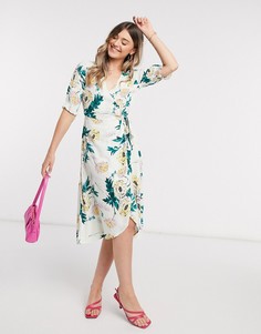 Белое платье миди с запахом и цветочным принтом Vero Moda-Многоцветный