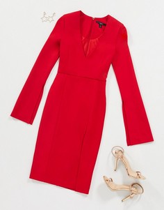 Красное платье с V-образным вырезом и разрезами AQAQ-Красный Aq/Aq