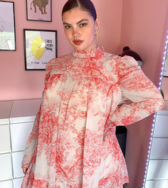 Платье с розовым принтом и объемными рукавами In The Style Plus x Lorna Luxe-Многоцветный
